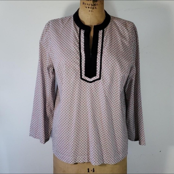 Talbots Size L Tunic Top Black Red 3/4 Sleeve Ribbon Trim V Notch Neck Cotton - Picture 1 of 8